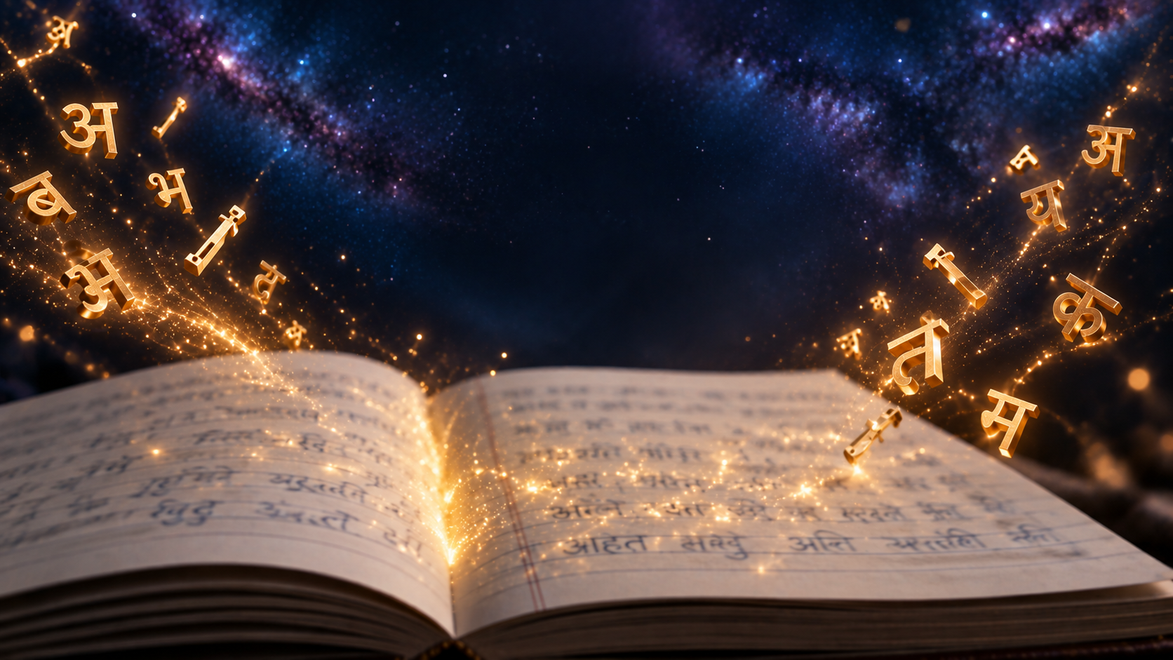 Open Hindi manuscript releasing golden letters beneath a celestial sky