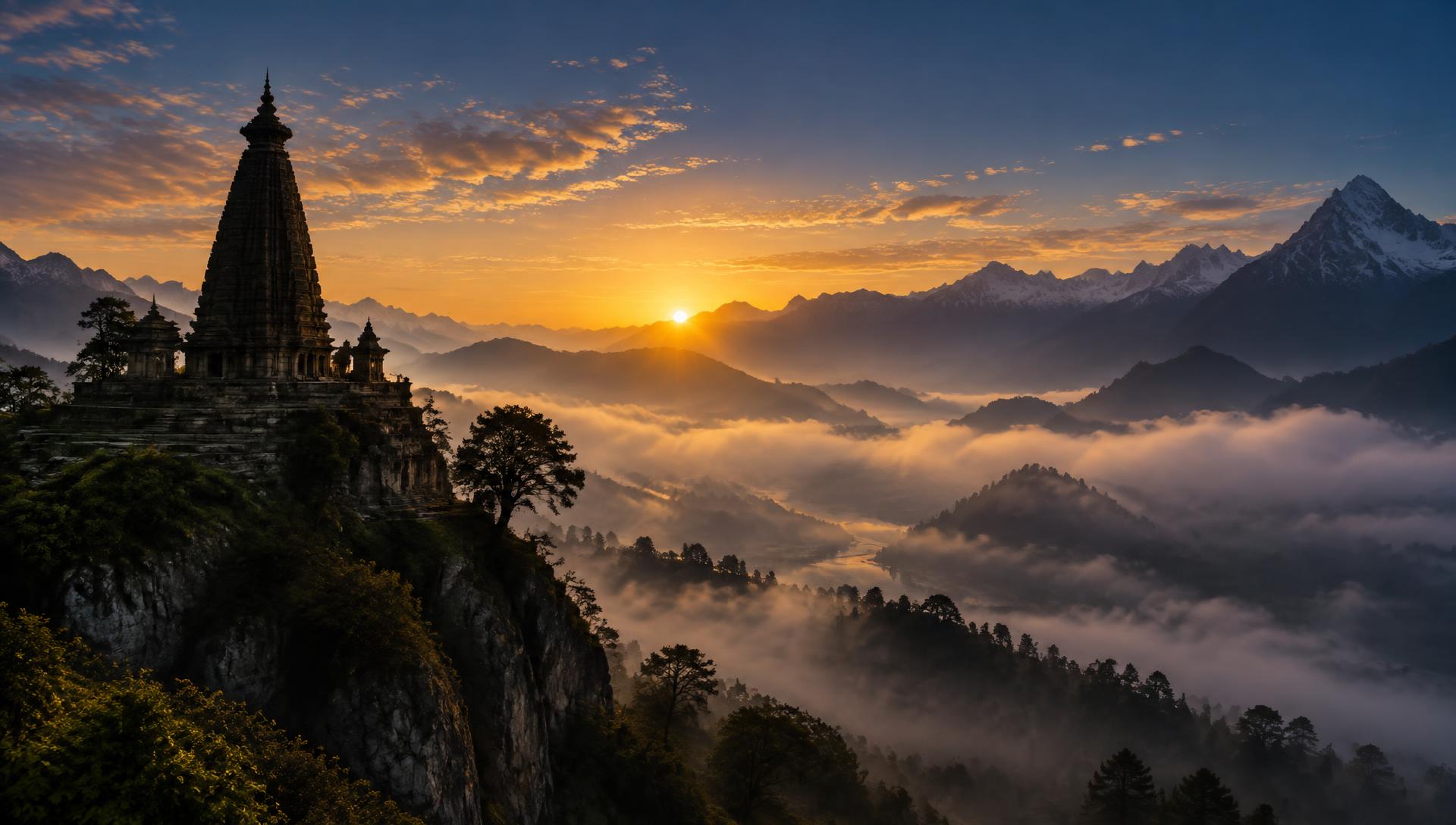 Ancient temple spire silhouetted against a misty mountain sunrise