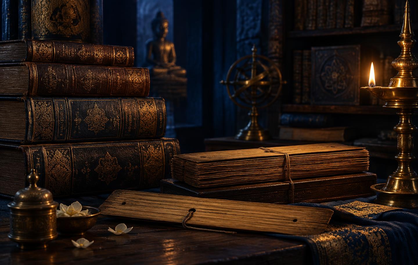 Ancient leather-bound volumes and palm-leaf manuscripts preserved in a dim archive